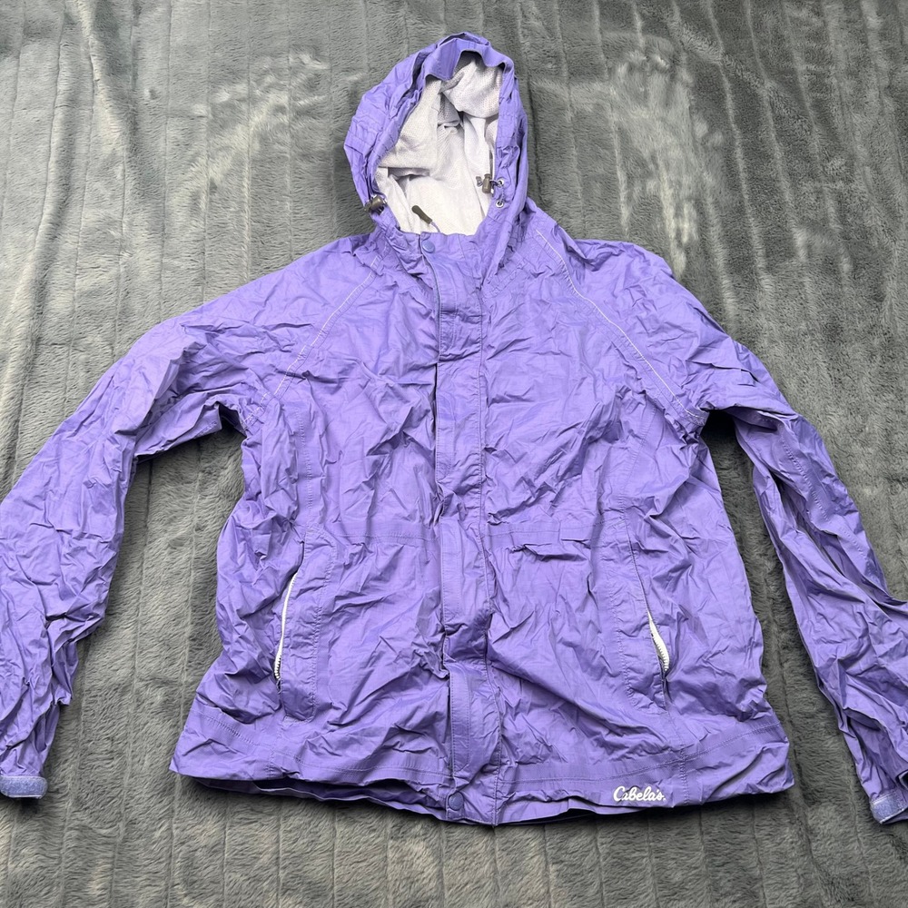 Cabelas Womens Purple Ripstop Hooded Rain Jacket Size Large Full Zip Mesh Lined